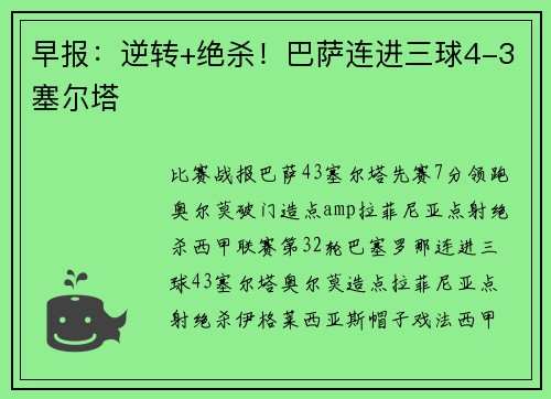早报：逆转+绝杀！巴萨连进三球4-3塞尔塔